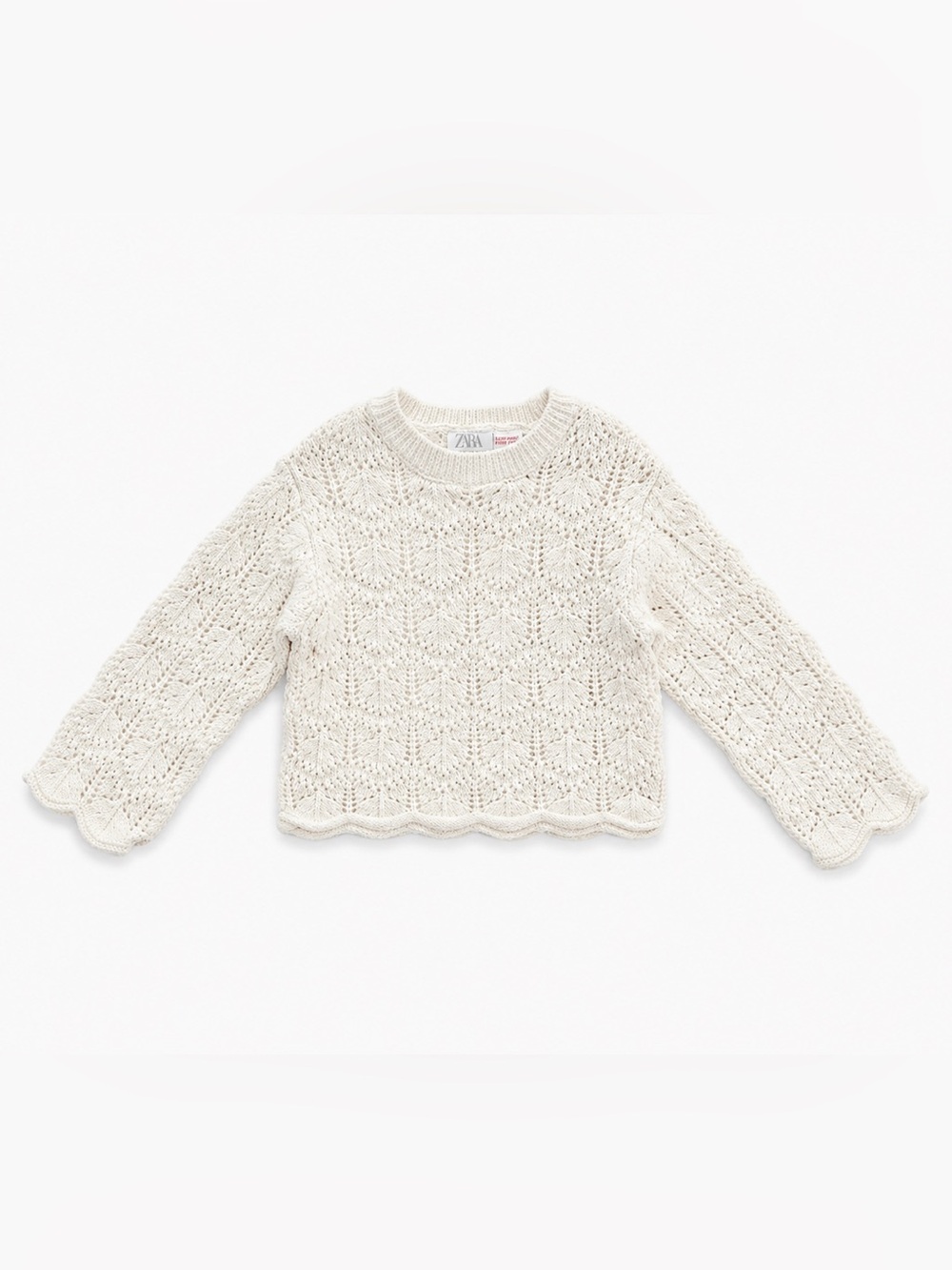 ZARA Kids Ivory Cream Open-Weave Crocheted Crewneck Sweater with Scalloped Hem